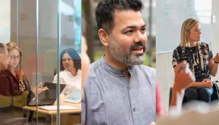 3 images, women in meeting, a man talking and a women talking